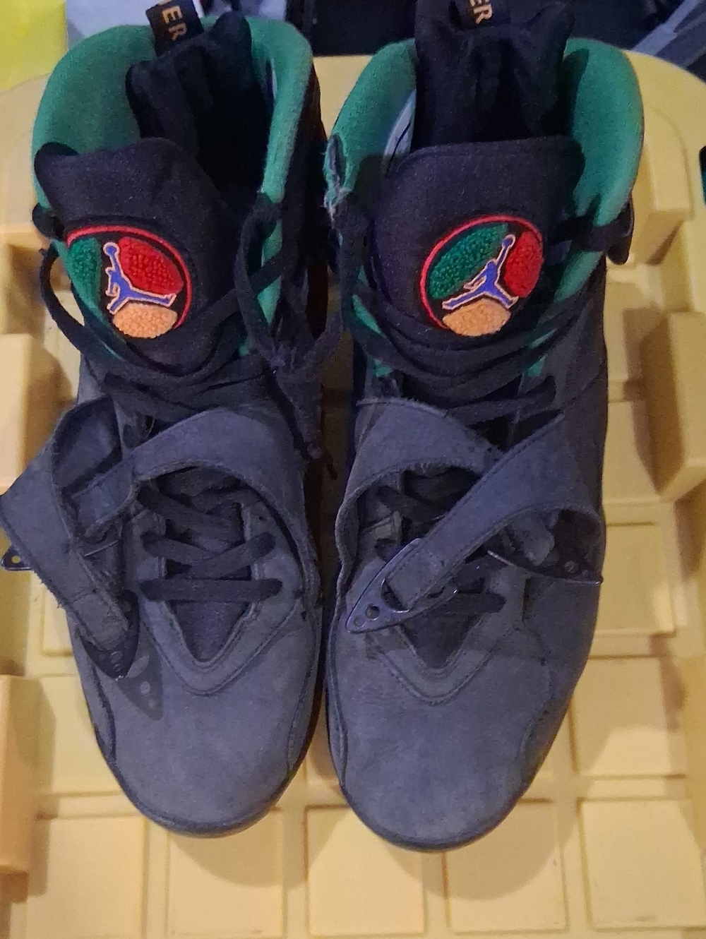 Jordan 8 Black High-Top Sneakers with Green and Red Accents